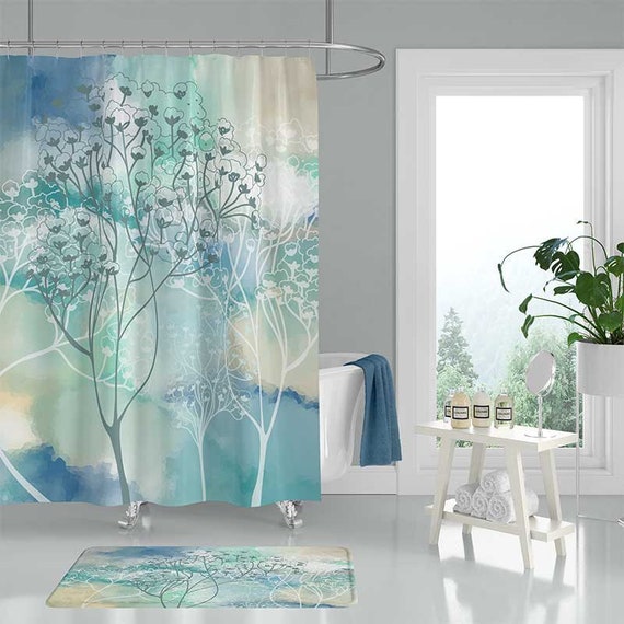 Art Shower Curtain With Trees Bath Mat Bathroom Set White Gray Aqua Blue Teal Watercolor Decor
