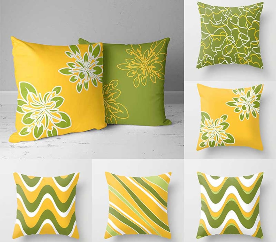 Yellow Green Pillow Covers Floral Throw Pillows Lumbar Etsy