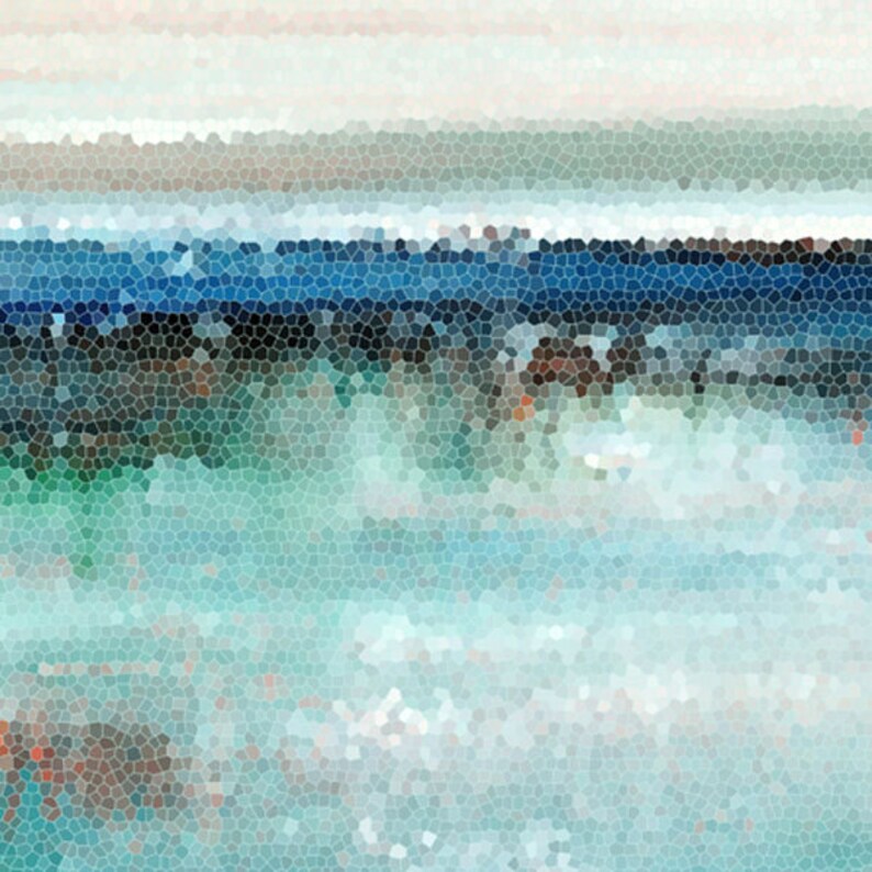 May include: Abstract art print with a mosaic pattern in shades of blue, green, and white. The print features a horizontal design with a darker blue band in the middle.