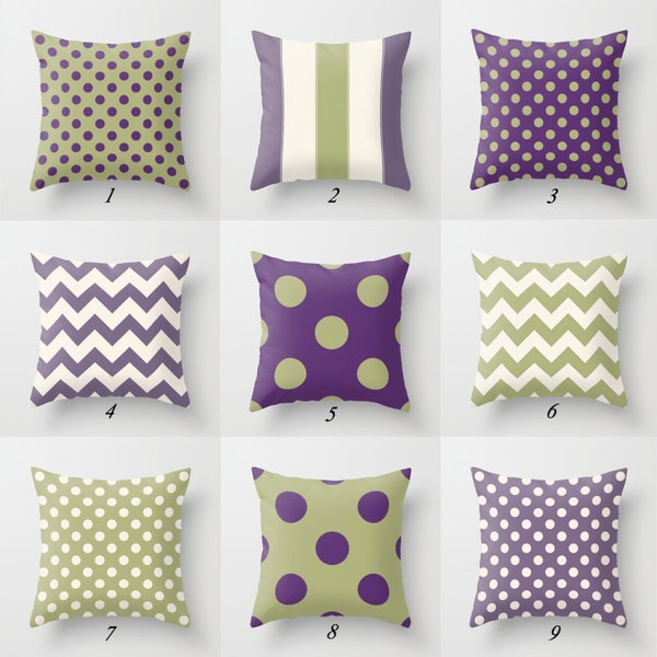 Green Purple Pillow Covers, Olive Green Polka Dot, Striped, Chevron Throw Pillow Case, Unique Cushion Covers, Original Couch Pillows