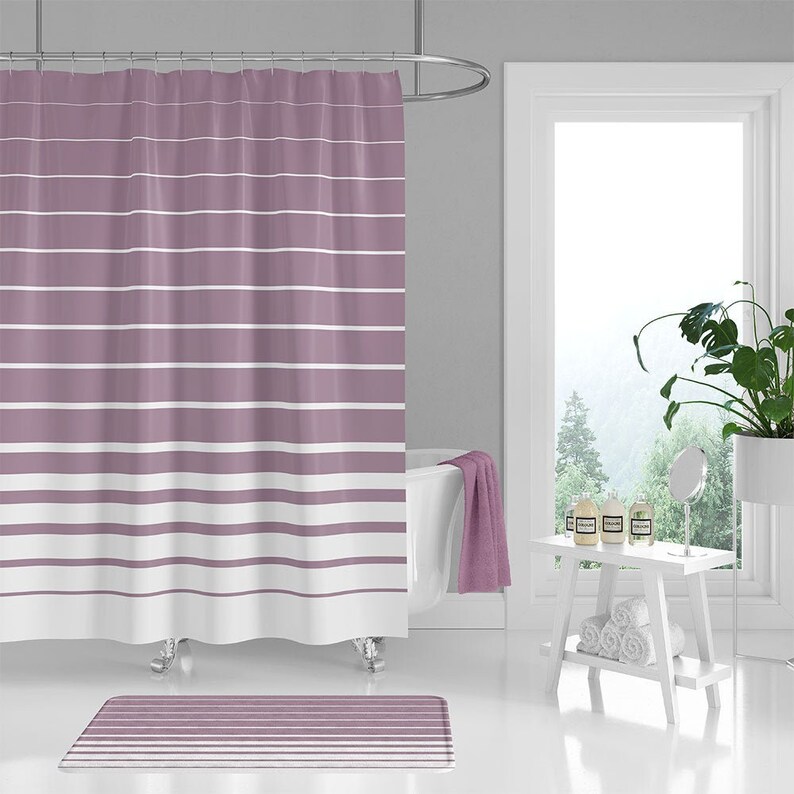 Mauve Shower Curtain Dusty Purple Bath Mat Striped Pink and Etsy