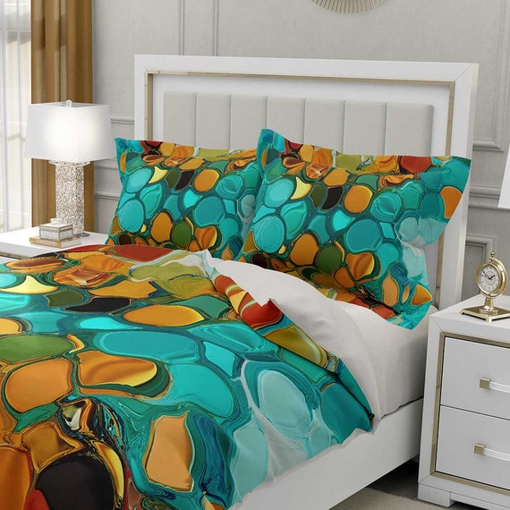 Teal Orange Duvet Cover Abstract Bedding Set Queen King Etsy