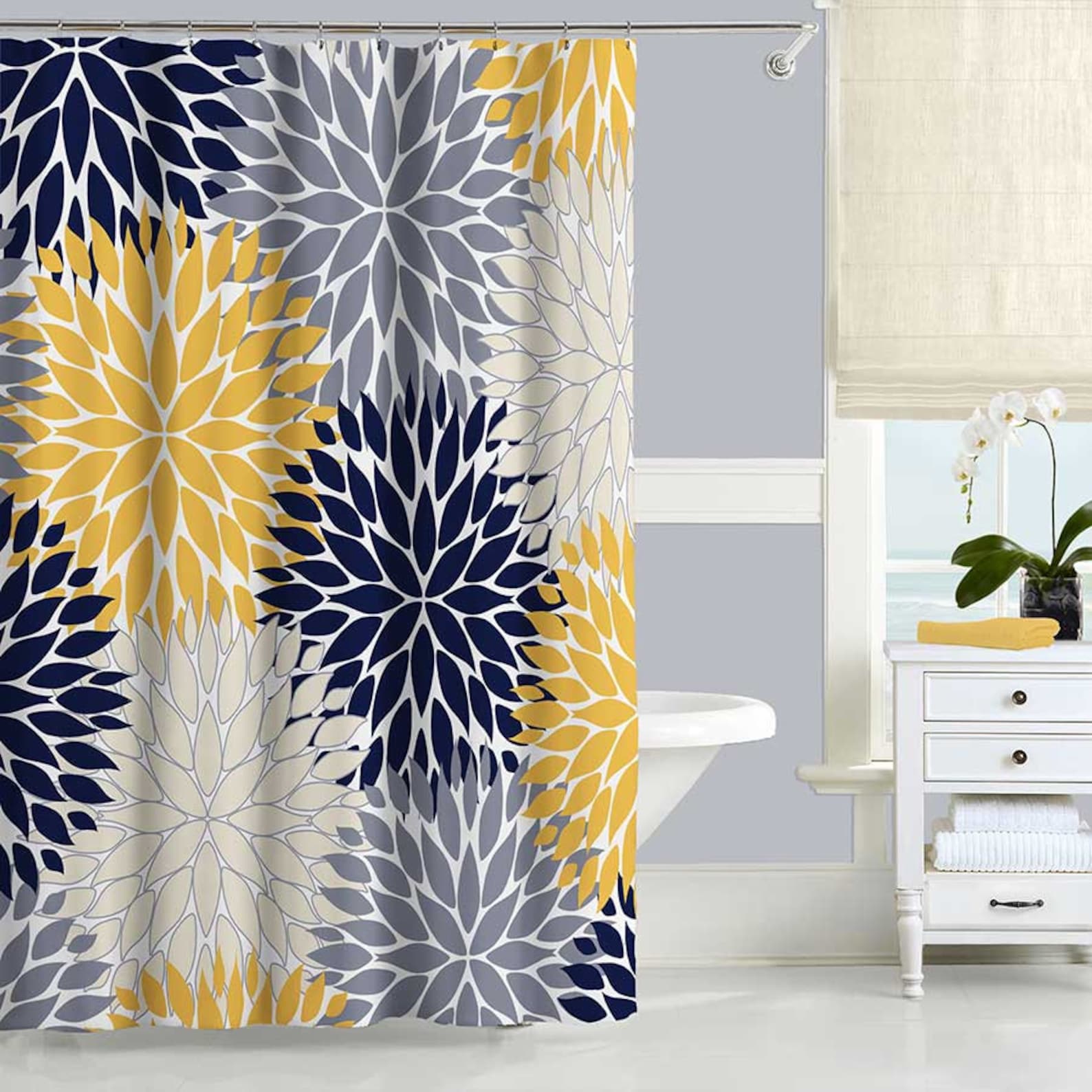 Blue and Yellow Shower Curtain Dahlia Floral Shower Curtain | Etsy