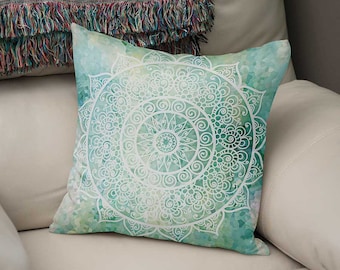 Mandala Pillow Covers, Blue Aqua Mint Green Throw Pillows, Decorative Pillows, Couch Pillows, Lumbar Pillow Cushions Boho 14x20 20x20 24x24