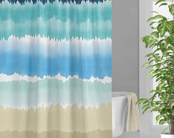 Coastal Shower Curtain, Teal Blue Beige Watercolor Beach Bath Curtain and mat