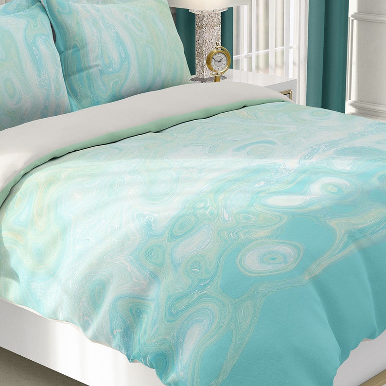 Aqua Blue Duvet Cover Mint Green Bedding Set Marble Abstract Etsy