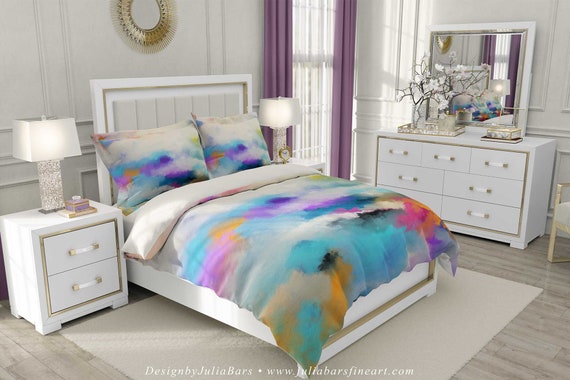 Art Duvet Cover Teal Blue Purple Yellow White Artistic Abstract Bedding Bedroom Decor Pillow Shams King Queen Twin Comforter Cover