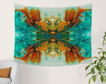 Boho Tapestry, Teal Orange Abstract Wall Hanging