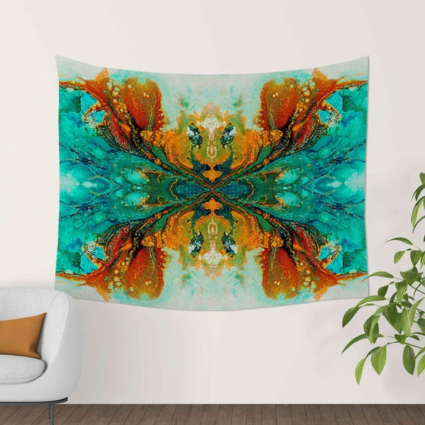 Abstract Tapestry, Teal, Orange Bohemian Wall Hanging