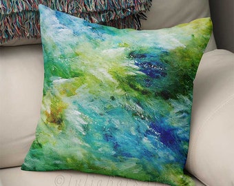 Blue Green Pillow Cover, Abstract Pillow, Art Cushion Cover, Artistic Pillow Case, Unique Accent Pillow for Couch, Living Room Décor