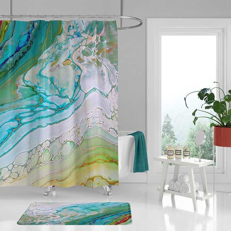 Coastal Shower Curtain Set Bath Mat Sea Foam Green Blue Image 0