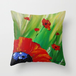 Red Poppy Pillow Cover, Floral Pillow, Poppies Art Pillow Case, Red, Green, Throw Pillow for Couch, Unique Artistic Cushion Cover image 2