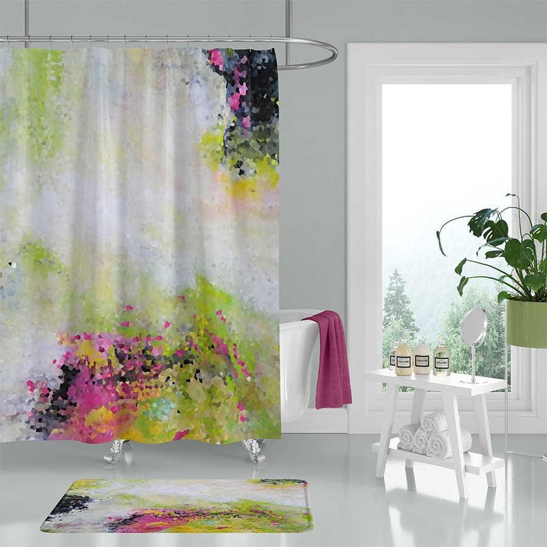 Abstract Shower Curtain Bath Mat Green Black Pink Yellow Etsy