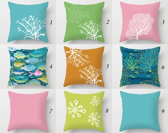 Outdoor Pillow Covers, Fishes, Coral Reef, Nautical Sealife Coastal Pillow Case, Summer Porch Patio Cushion Cover, Teal Orange Green Pink
