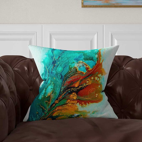 Blue Orange Pillow Cover Green Turquoise Teal Throw Pillow Etsy