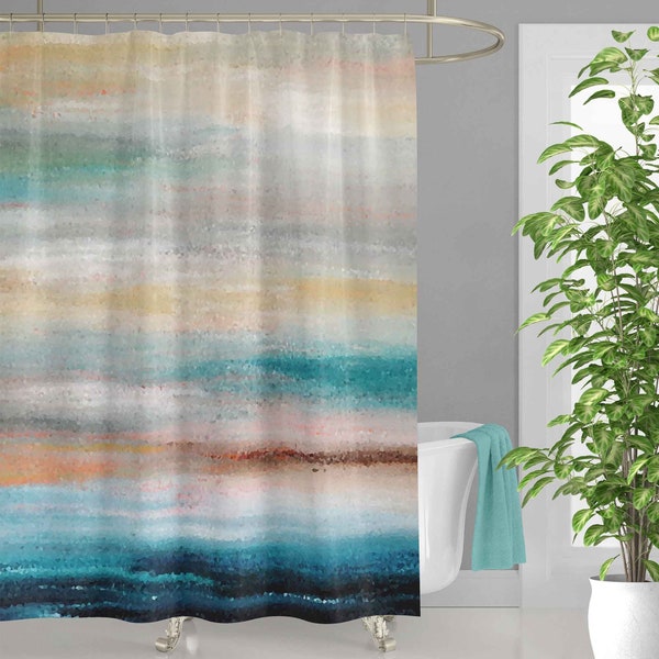 Abstract Coastal Shower Curtain, Teal, Blue, Ocean Bathroom Curtain and bath mat
