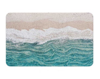 Coastal Bathroom Rug, Beach Home Décor, Nautical, Ocean, Water, Blue Teal Beige Bath Mat, Soft Microfiber Non-slip Shower Mat