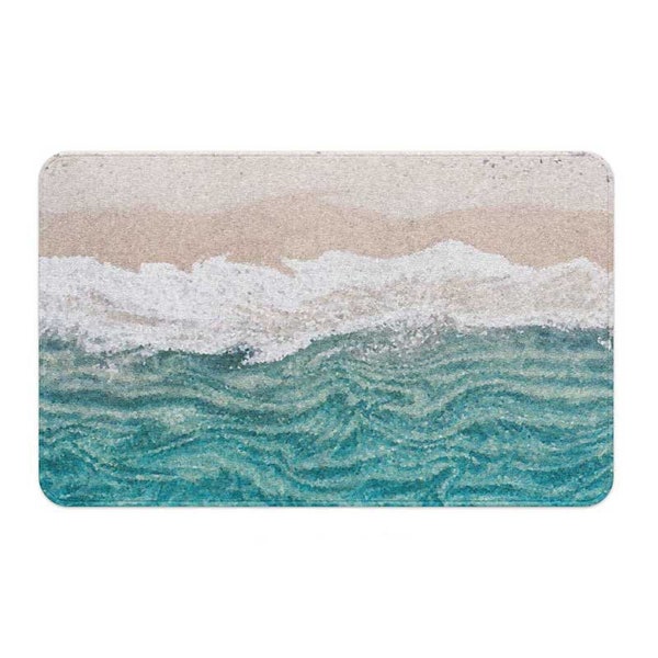 Blue Teal Coastal Bath mat, Ocean Beach Non-slip Bathroom Rug