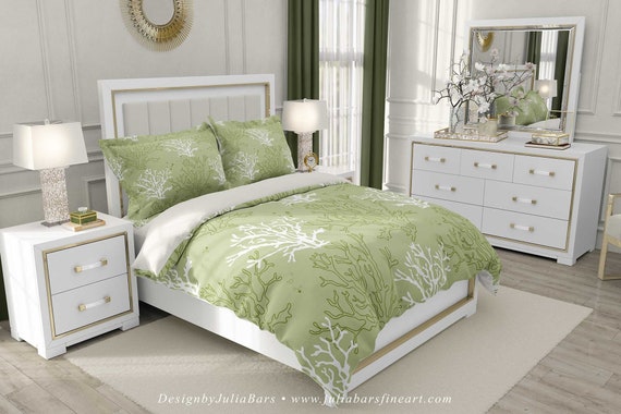 Soft Green Duvet Cover Green White Comforter Cover Coral Etsy