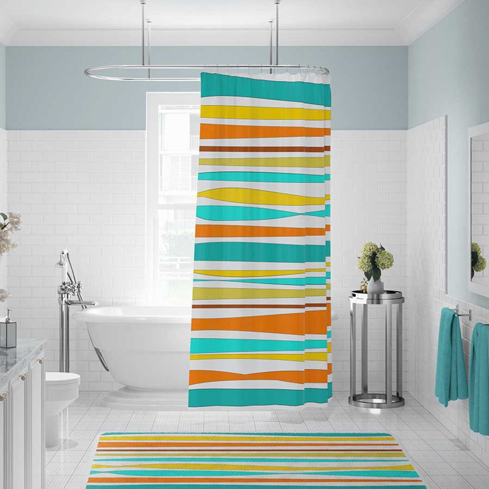 Mid Century Modern Shower Curtain with Colorful Stripes Bath Etsy