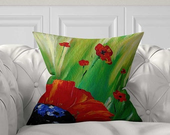 Red Poppy Pillow Cover, Floral Pillow, Poppies Art Pillow Case, Red, Green, Throw Pillow for Couch, Unique Artistic Cushion Cover