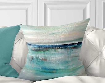 Coastal Throw Pillow Cover, Blue Beige Abstract Ocean Cushion Cover