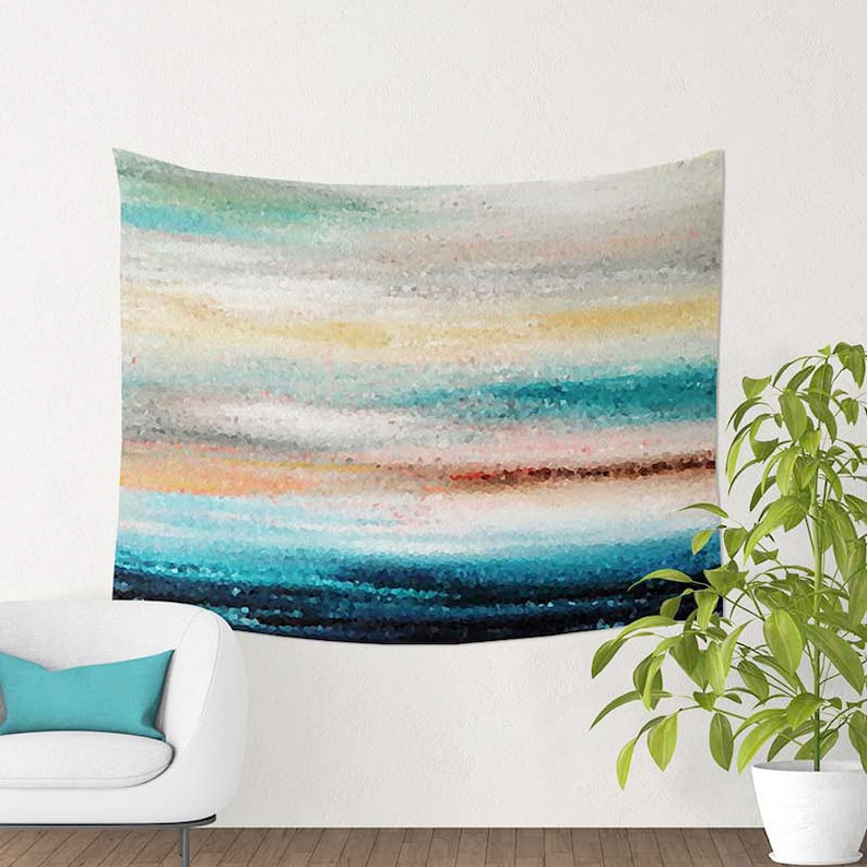 coastal art wall tapestry, ocean beach theme in blue, teal, yellow and gray