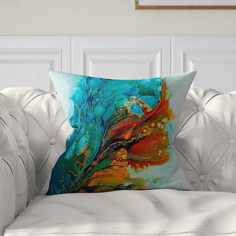 Blue Orange Abstract Art Pillow Cover Green Turquoise Teal Etsy