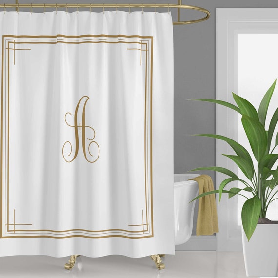Personalized Monogram Shower Curtain, White & Yellow Border, Custom Bath Mat