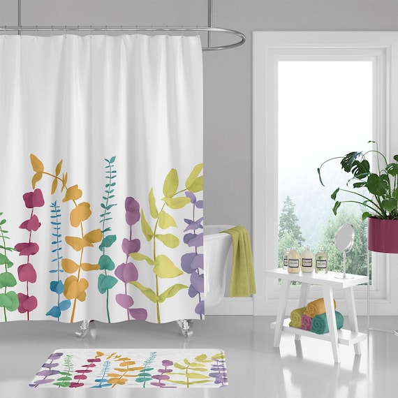 Eucalyptus Shower Curtain Bath Mat, Yellow Blue And Green Shower Curtain
