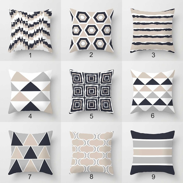Geometric Throw Pillow Covers, Trellis, Striped, Gray, Beige, Neutral Tone Cushion Covers, Unique Pillow, Mix Match Pillowcase