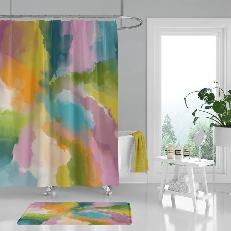 Teal Purple Shower Curtain Set Bath Mat Yellow Orange Etsy