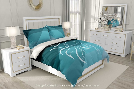 Horse Duvet Cover Black Turquoise Teal Bedding Set With Etsy