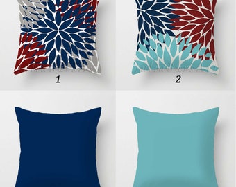 Floral Pillow Cover, Blue, Red Throw Pillow, Teal, Gray, Flower Pillow Case, Dahlia, Chrysanthemum Cushion Cover, Unique Pillow for Couch