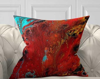 Red Teal Abstract Pillow Cover, Artistic Throw Pillowcase, Accent Cushion Covers