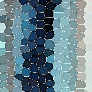 May include: Abstract geometric pattern with a gradient of blue, gray, and white colors. The pattern is made up of small, irregular shapes that resemble stained glass.