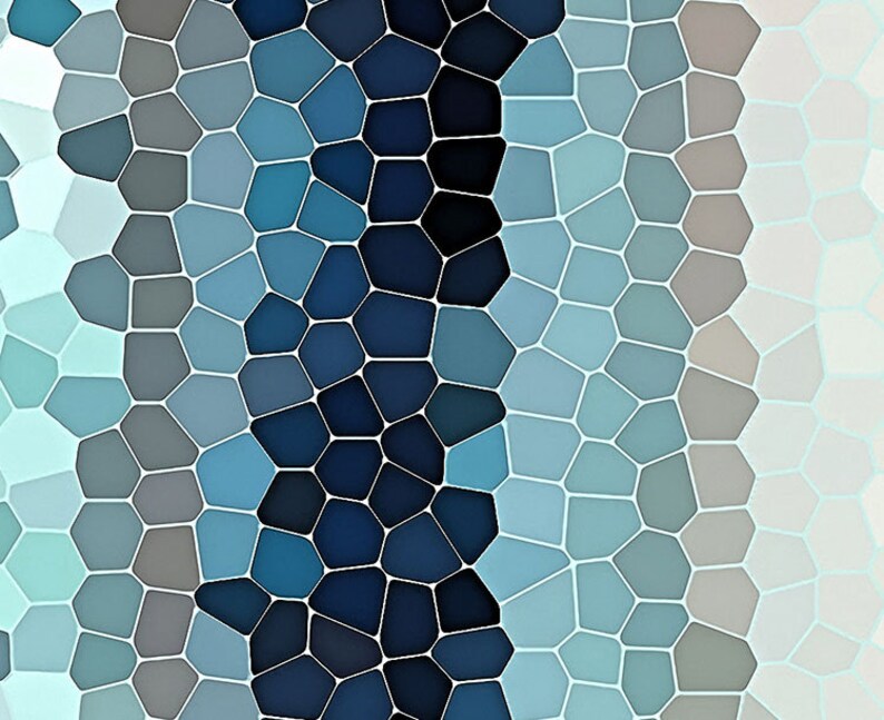 May include: Abstract geometric pattern with a gradient of blue, gray, and white colors. The pattern is made up of small, irregular shapes that resemble stained glass.