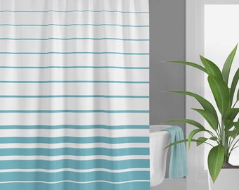 Light Teal Striped Shower Curtain, Aqua Blue Bath Curtain and Mat