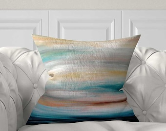 Abstract Beach Pillow Cover, Coastal Art Accent Pillow, Blue, Teal, Gray, Beige Throw Cushion