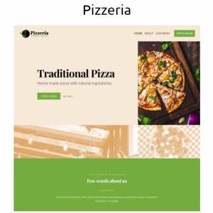 Może przedstawiać: Projekt strony internetowej dla pizzerii, prezentujący pizzę z dodatkami na drewnianej desce. Nagł&oacute;wek strony zawiera słowo "Pizzeria" i linki nawigacyjne. Gł&oacute;wna treść wyświetla "Traditional Pizza" i "Home made pizza with natural ingredients."