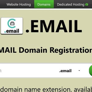 May include: A website interface advertising .EMAIL domain registration. The page displays a logo with an envelope icon and the text ".EMAIL". A search bar is present for users to input their desired domain name.