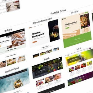 May include: A digital collage of multiple website landing page templates categorised under Food & Drink, including layouts for a bakery, Chinese restaurant, pizzeria, healthy food, and juice bar, featuring various food photography and text headers.