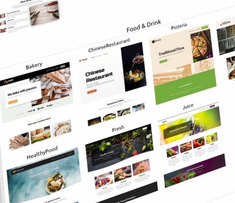 May include: A digital collage of multiple website landing page templates categorised under Food & Drink, including layouts for a bakery, Chinese restaurant, pizzeria, healthy food, and juice bar, featuring various food photography and text headers.