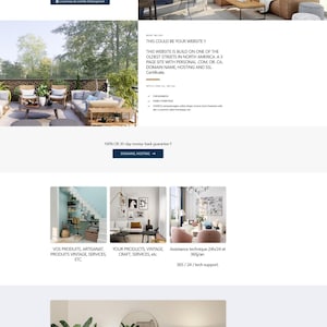 May include: A website landing page layout featuring multiple sections with interior design photography, including a living room, a patio, and a home office. The page contains text in English and French, promoting web hosting services and domain registration.