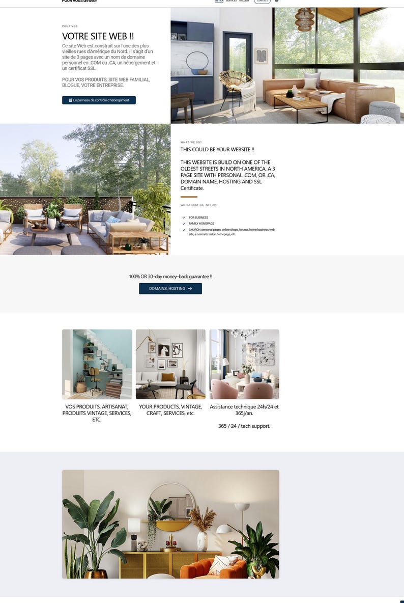 May include: A website landing page layout featuring multiple sections with interior design photography, including a living room, a patio, and a home office. The page contains text in English and French, promoting web hosting services and domain registration.