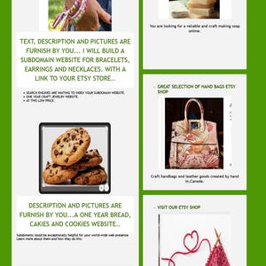 May include: A website showcasing craft items like soap, knitting, jewellery, and candles. The page includes images of bracelets, cookies, handbags, and sweets, with text promoting Etsy store visits and subdomain website creation.