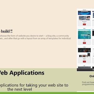 Op de afbeelding: Webpagina van een website templateservice met een lichtbeige achtergrond. De tekst luidt "Website Templates, to build !!" en "Web Applications". Een raster van website-ontwerpvoorbeelden staat rechts, met rode "Order online"-knoppen.