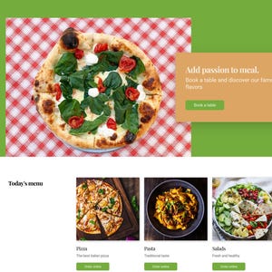 Może przedstawiać: Świeżo upieczona pizza ze szpinakiem, pomidorami i serem mozzarella na czerwono-białym obrusie w kratkę. Obraz zawiera r&oacute;wnież tekst: "Add passion to meal. Book a table and discover our famous flavors."