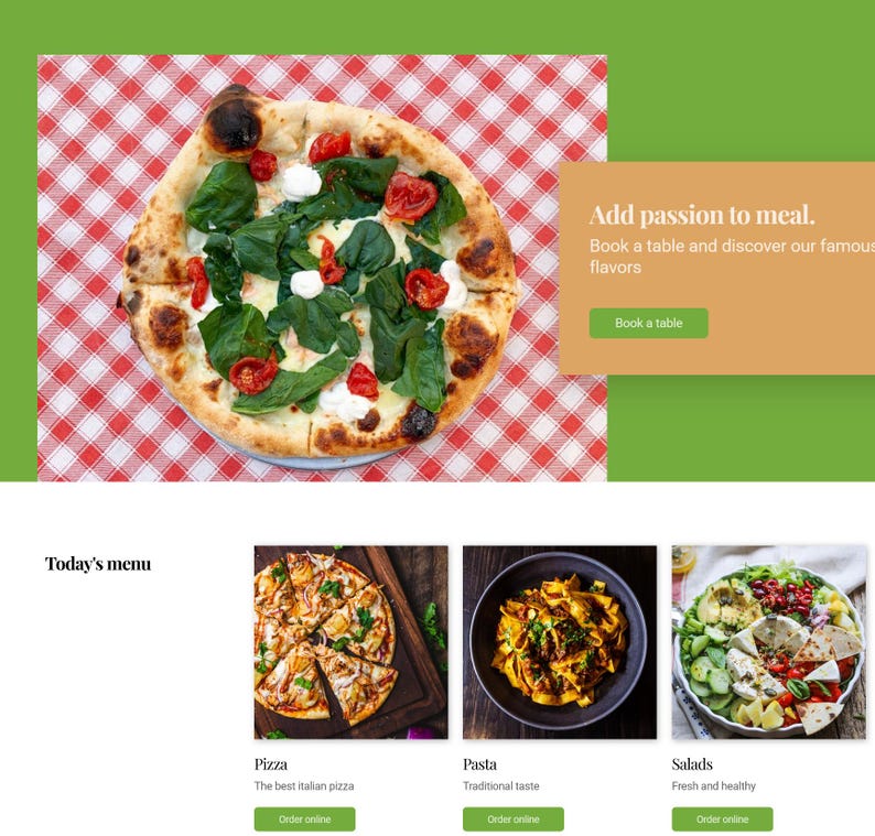 Może przedstawiać: Świeżo upieczona pizza ze szpinakiem, pomidorami i serem mozzarella na czerwono-białym obrusie w kratkę. Obraz zawiera r&oacute;wnież tekst: "Add passion to meal. Book a table and discover our famous flavors."