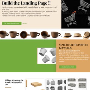 May include: A webpage layout featuring text headers, a green button labelled BUILD LANDING PAGE, images of shopping carts, brown ceramic cups, straw hats, grey containers, cardboard boxes, handbags, and various grey sofa configurations.